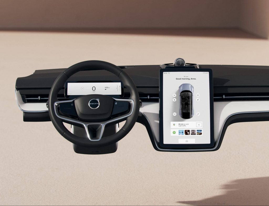 Dashbordet til Volvo EX90 med ratt og stor, digital skjerm