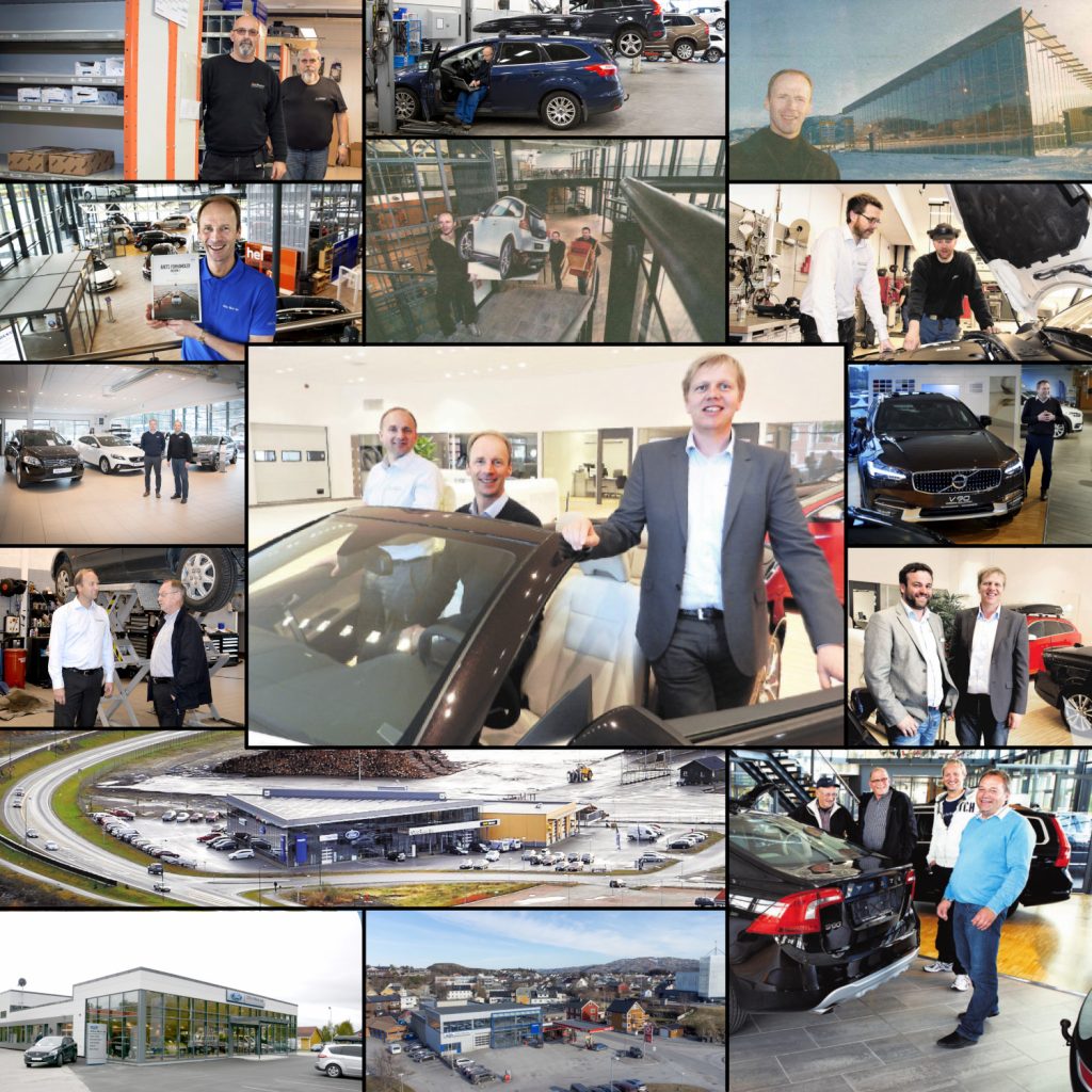 En collage av mange ulike foto av biler, ansatte og lokaler fra 2000-tallet til i dag.