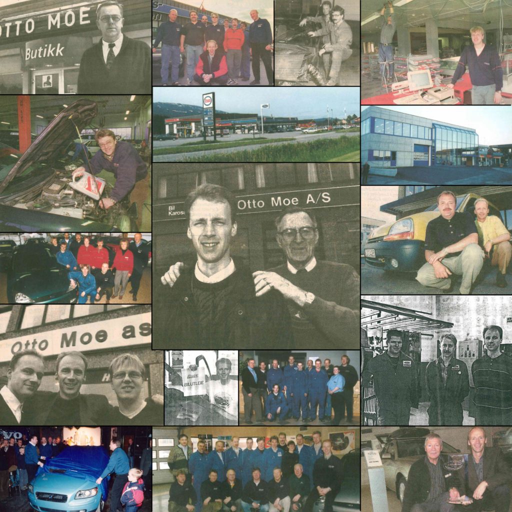 En collage av mange ulike foto av biler, ansatte og lokaler fra 1980-2000-tallet, i farger og svart/hvitt