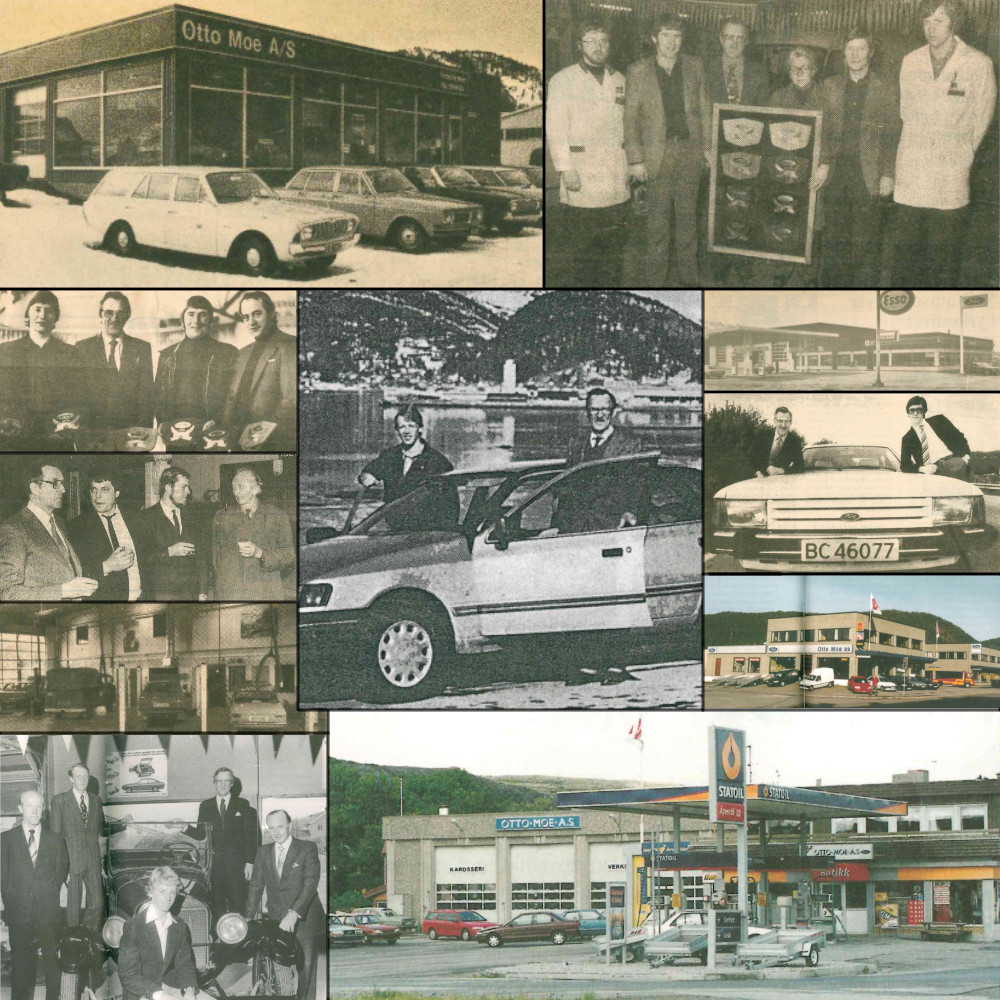 En collage av mange ulike foto av biler, ansatte og lokaler fra 1940-1980-tallet, i farger og svart/hvitt