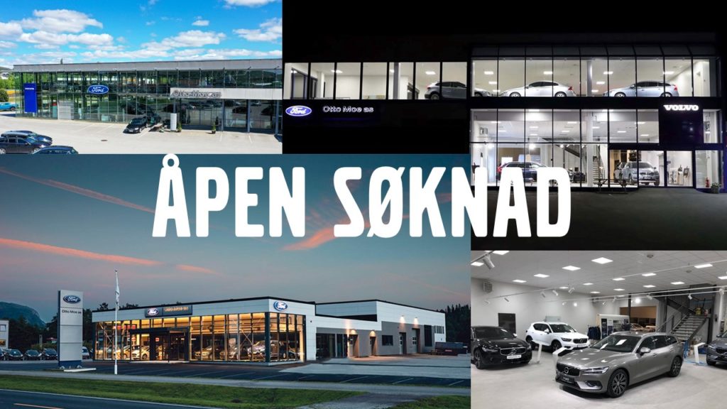 Åpen søknad. Collage med bilder av de tre avdelingene og et bilde av biler i et showroom.
